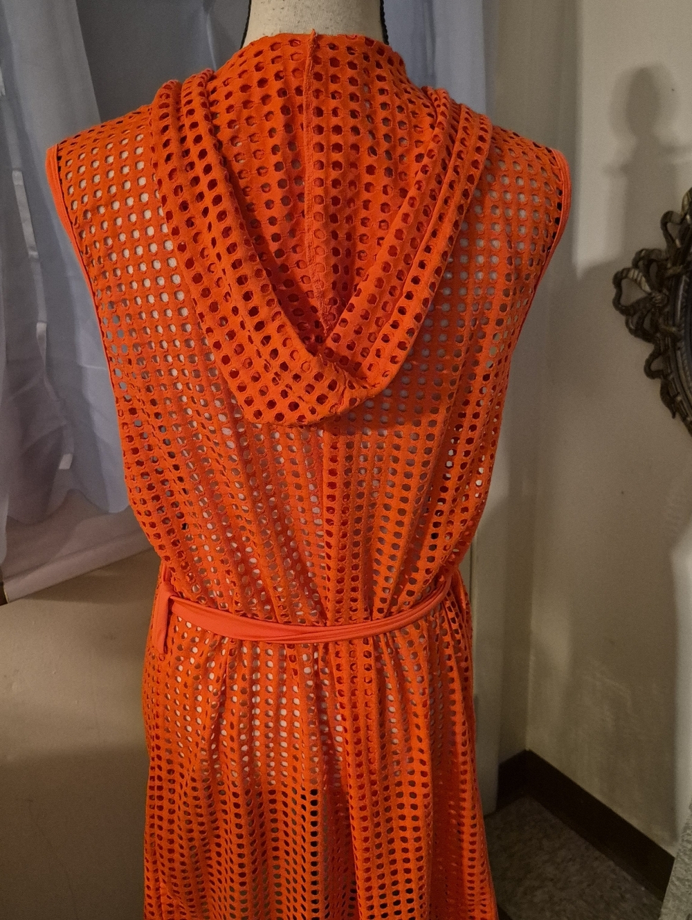 WOXUAN Neon Orange Open Front Eyelet Mesh Hooded Beach Coverup/Duster & Belt - Picture 5 of 10